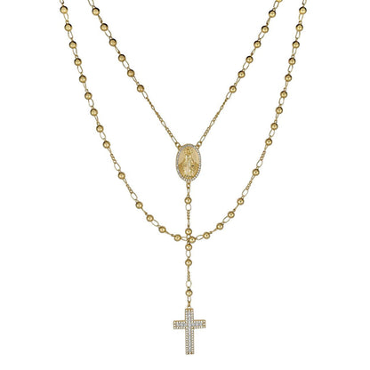 Classic Italian Virgin Mary Rosary Beads Necklace Iced Out CZ Stones - 14k Gold Vermeil 925 Silver - 4mm - 24"