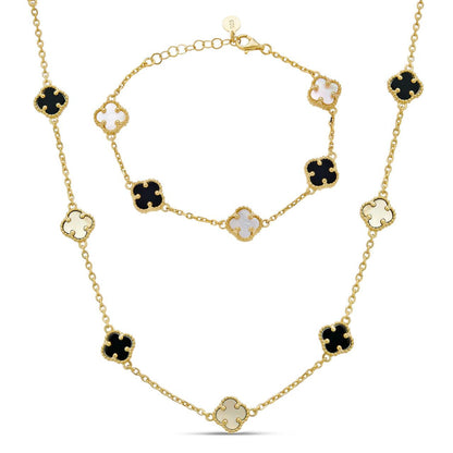 Cleef Clover Link Chain Necklace Or Bracelet Natural Black Onyx & Mother Of Pearl Motifs - 14k Gold Vermeil 925 Sterling Silver - 5.5"-24"