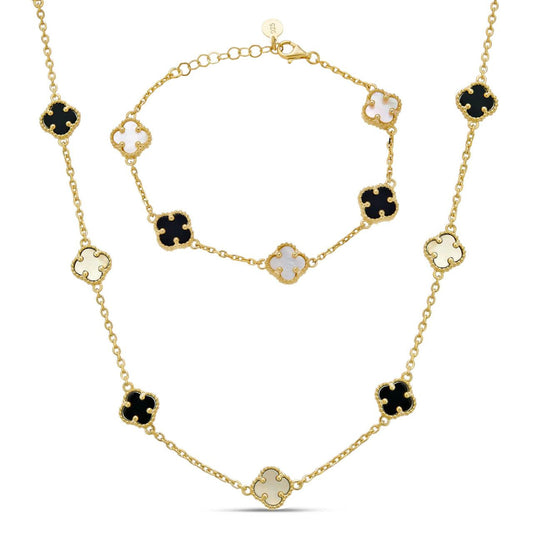 Cleef Clover Link Chain Necklace Or Bracelet Natural Black Onyx & Mother Of Pearl Motifs - 14k Gold Vermeil 925 Sterling Silver - 5.5"-24"