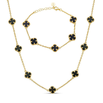 Cleef Clover Link Chain Necklace Or Bracelet Natural Black Onyx Motifs - 14k Gold Vermeil 925 Sterling Silver - 5.5"-24"