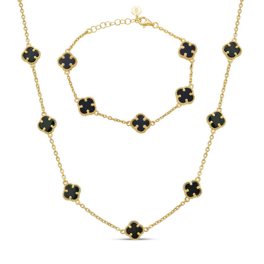 Cleef Clover Link Chain Necklace Or Bracelet Natural Black Onyx Motifs - 14k Gold Vermeil 925 Sterling Silver - 5.5"-24"