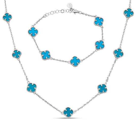 Cleef Clover Link Chain Necklace Or Bracelet Natural Blue Turquoise Motifs - 925 Sterling Silver - 5.5"-24"