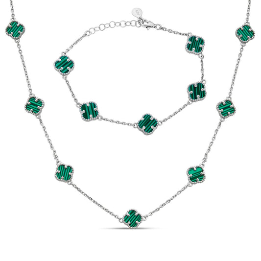 Cleef Clover Link Chain Necklace Or Bracelet Natural Green Malachite Motifs - 925 Sterling Silver - 5.5"-24"