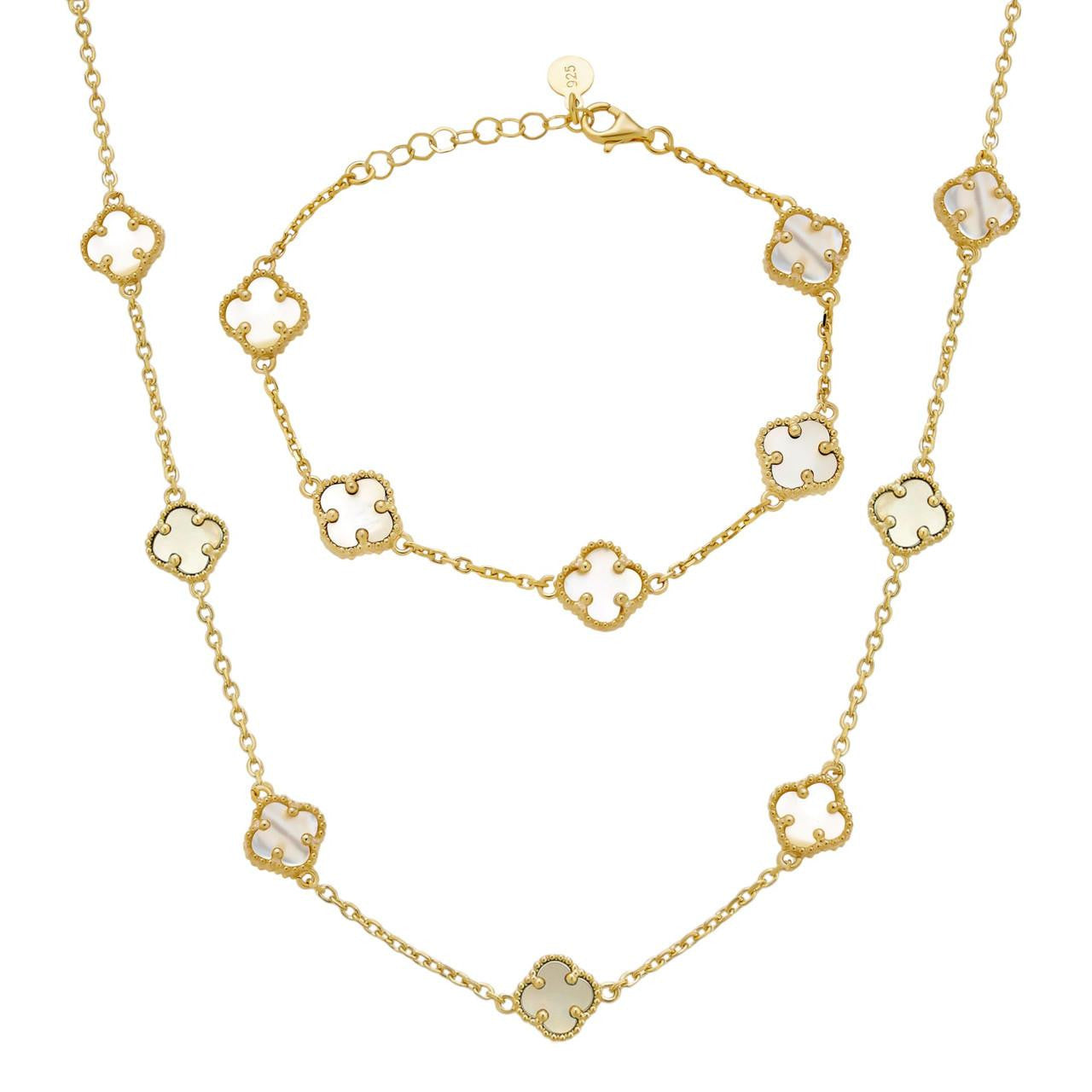 Cleef Clover Link Chain Necklace Or Bracelet Natural Mother Of Pearl Motifs - 925 Sterling Silver - 5.5"-24"