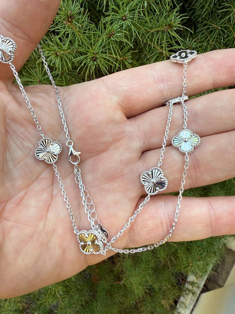 Clover Link Chain Necklace Or Bracelet Diamond Cut Motifs - 925 Sterling Silver - 5.5"-24"