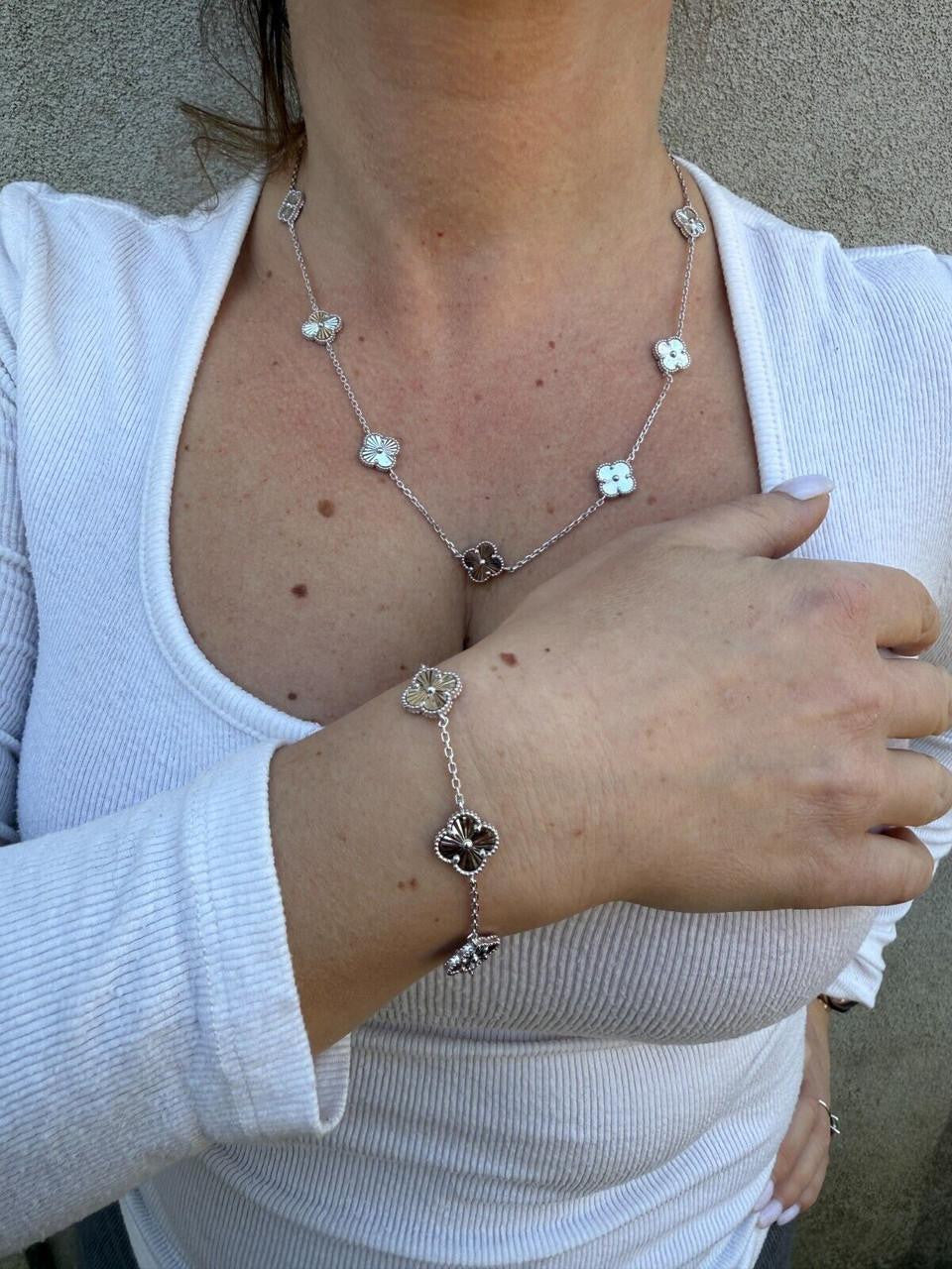 Clover Link Chain Necklace Or Bracelet Diamond Cut Motifs - 925 Sterling Silver - 5.5"-24"