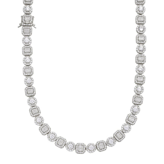 Cluster Tennis Link Chain Necklace Iced Out CZ Stones - 925 Silver - 10.5mm - 16"-30"