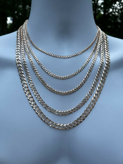 Flat Curb Cuban Chain Necklace - Two Tone Diamond Cut 14k Rose Gold Vermeil 925 Sterling Silver - 16"-30" - 3mm-10.5mm