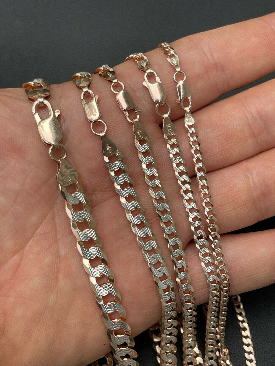 Flat Curb Cuban Chain Necklace - Two Tone Diamond Cut 14k Rose Gold Vermeil 925 Sterling Silver - 16"-30" - 3mm-10.5mm