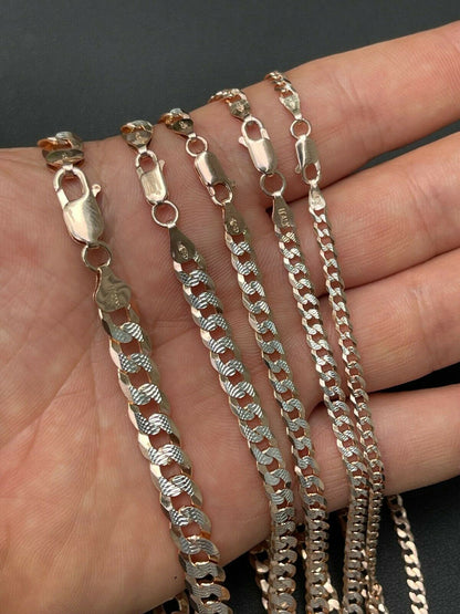 Flat Curb Cuban Chain Necklace - Two Tone Diamond Cut 14k Rose Gold Vermeil 925 Sterling Silver - 16"-30" - 3mm-10.5mm