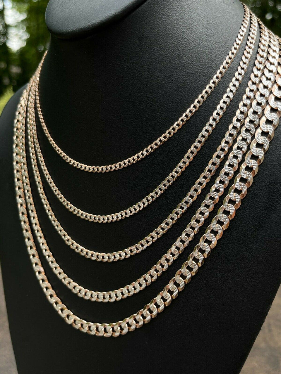 Flat Curb Cuban Chain Necklace - Two Tone Diamond Cut 14k Rose Gold Vermeil 925 Sterling Silver - 16"-30" - 3mm-10.5mm