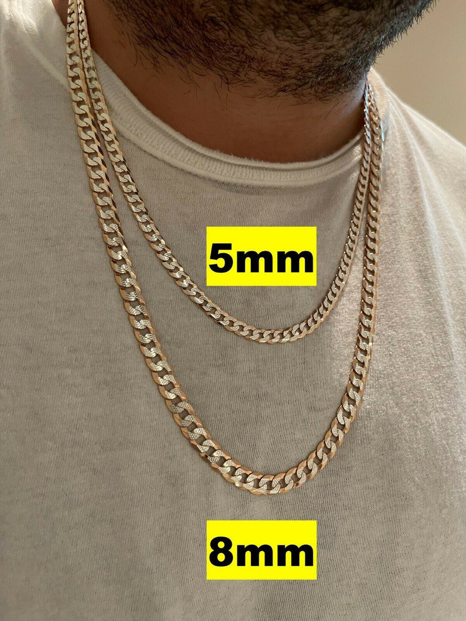 Flat Curb Cuban Chain Necklace - Two Tone Diamond Cut 14k Rose Gold Vermeil 925 Sterling Silver - 16"-30" - 3mm-10.5mm