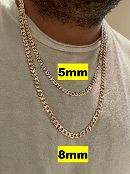 Flat Curb Cuban Chain Necklace - Two Tone Diamond Cut 14k Rose Gold Vermeil 925 Sterling Silver - 16"-30" - 3mm-10.5mm
