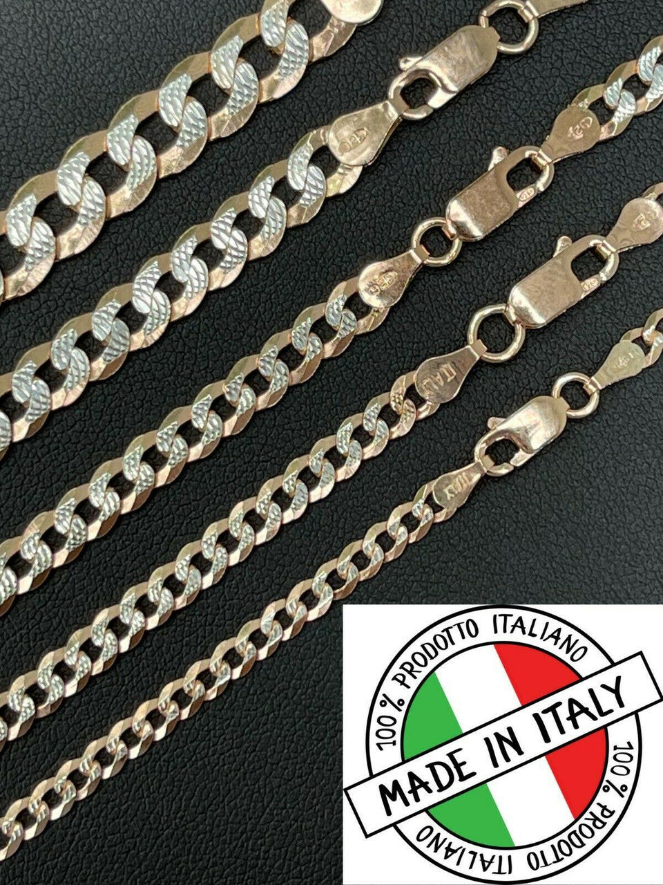 Flat Curb Cuban Chain Necklace - Two Tone Diamond Cut 14k Rose Gold Vermeil 925 Sterling Silver - 16"-30" - 3mm-10.5mm