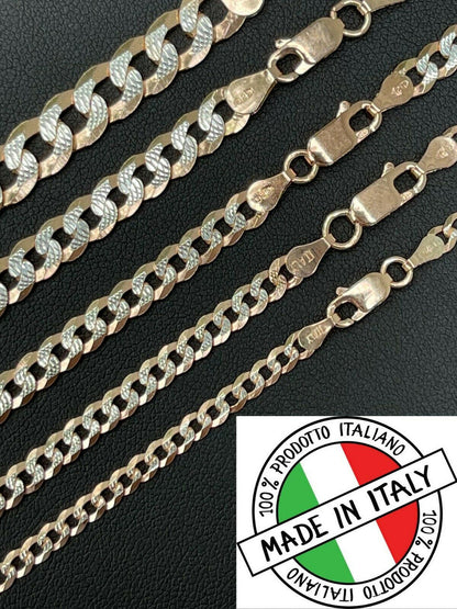 Flat Curb Cuban Chain Necklace - Two Tone Diamond Cut 14k Rose Gold Vermeil 925 Sterling Silver - 16"-30" - 3mm-10.5mm