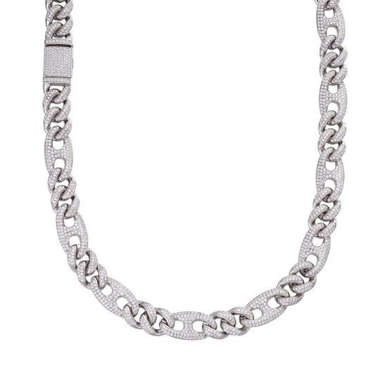 Figarucci Figaro Mariner Cross Link Chain Necklace Iced Out CZ Stones - 925 Silver - 12mm - 18"-30"