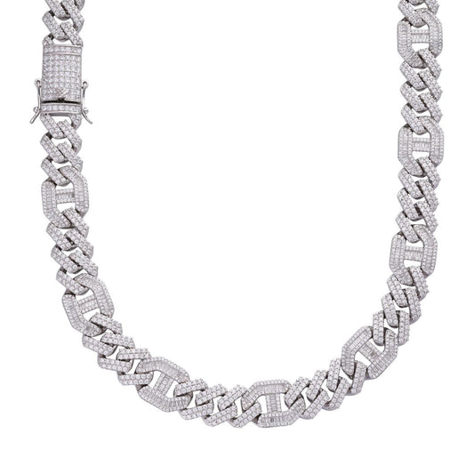 Figarucci Prong Cuban Link Chain Necklace Iced Out CZ Stones - 925 Silver - 15mm - 18"-30"