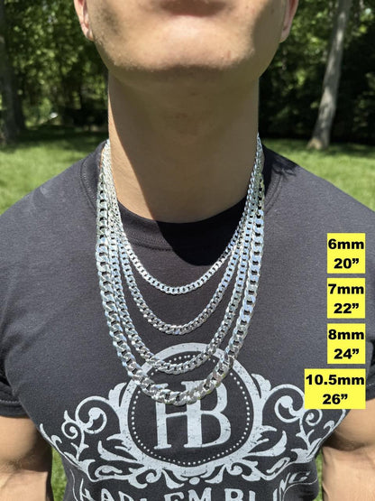Flat Curb Cuban Chain Necklace - 925 Sterling Silver - 16"-30" - 3mm-10.5mm