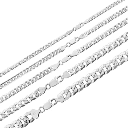 Flat Curb Cuban Chain Necklace - Diamond Cut 925 Sterling Silver - 16"-30" - 3mm-10.5mm