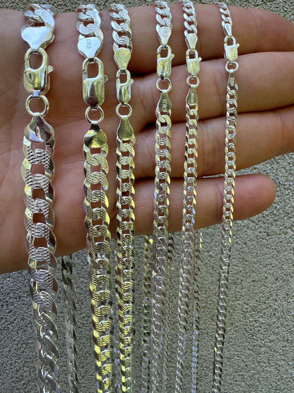 Flat Curb Cuban Chain Necklace - Diamond Cut 925 Sterling Silver - 16"-30" - 3mm-10.5mm