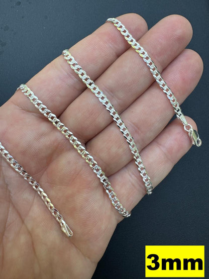 Flat Curb Cuban Chain Necklace - Diamond Cut 925 Sterling Silver - 16"-30" - 3mm-10.5mm