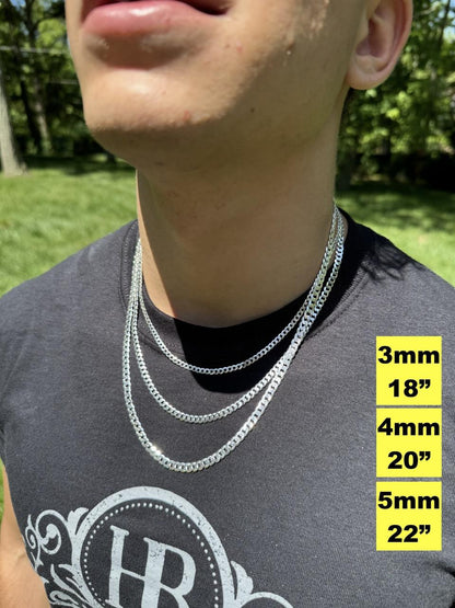 Flat Curb Cuban Chain Necklace - Diamond Cut 925 Sterling Silver - 16"-30" - 3mm-10.5mm