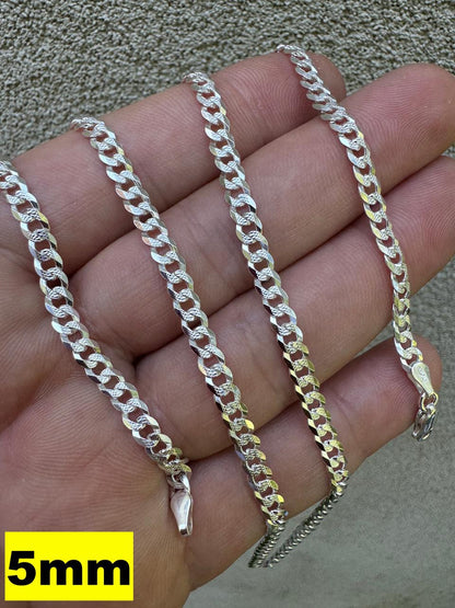 Flat Curb Cuban Chain Necklace - Diamond Cut 925 Sterling Silver - 16"-30" - 3mm-10.5mm