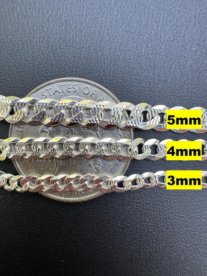 Flat Curb Cuban Chain Necklace - Diamond Cut 925 Sterling Silver - 16"-30" - 3mm-10.5mm