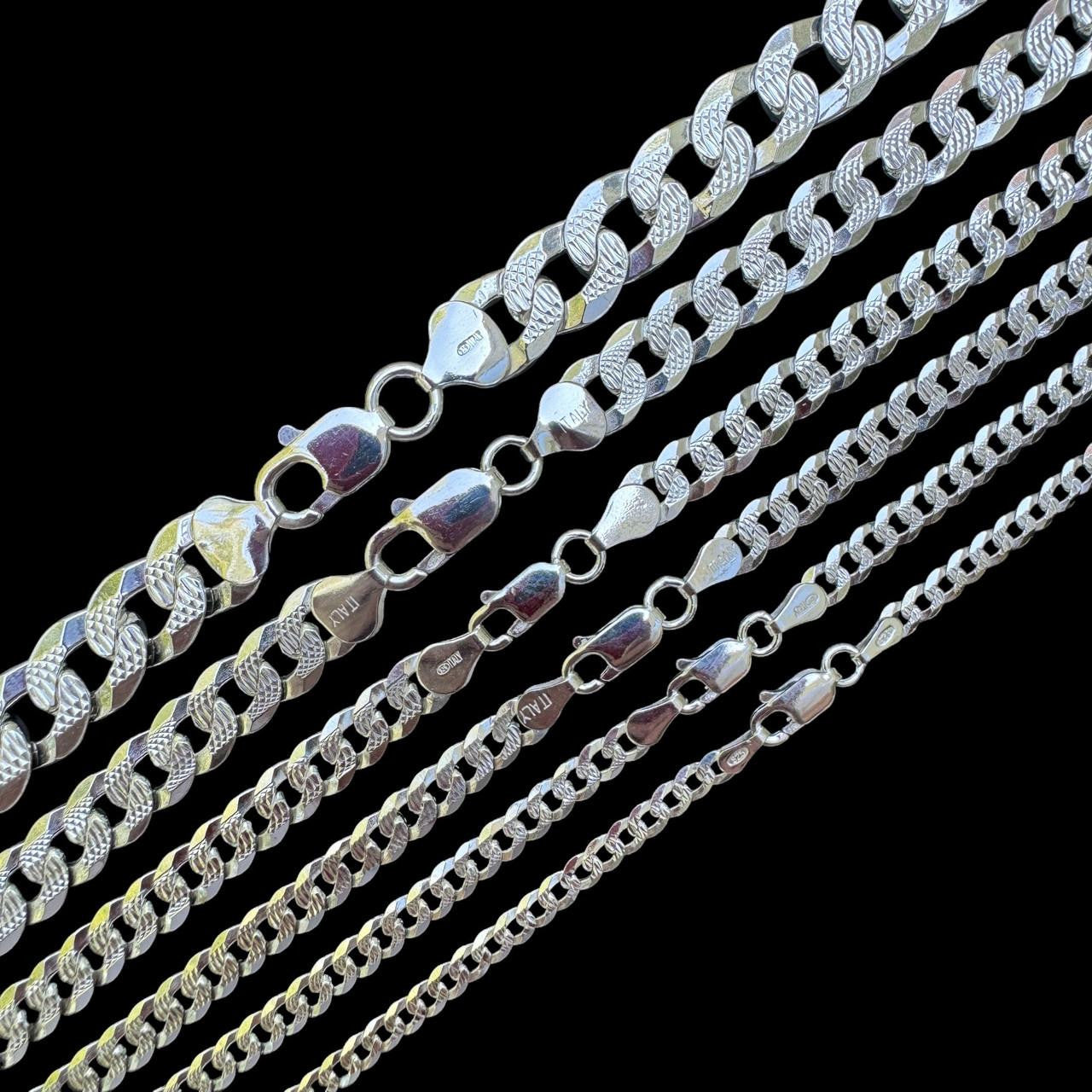 Flat Curb Cuban Chain Necklace - Diamond Cut 925 Sterling Silver - 16"-30" - 3mm-10.5mm