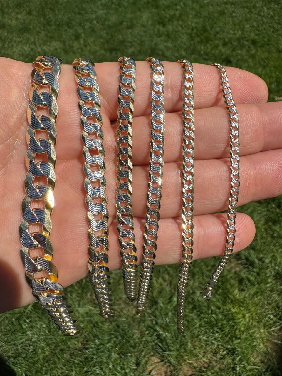 Flat Curb Cuban Chain Necklace - Two Tone Diamond Cut 14k Gold Vermeil 925 Sterling Silver - 16"-30" - 3mm-10.5mm