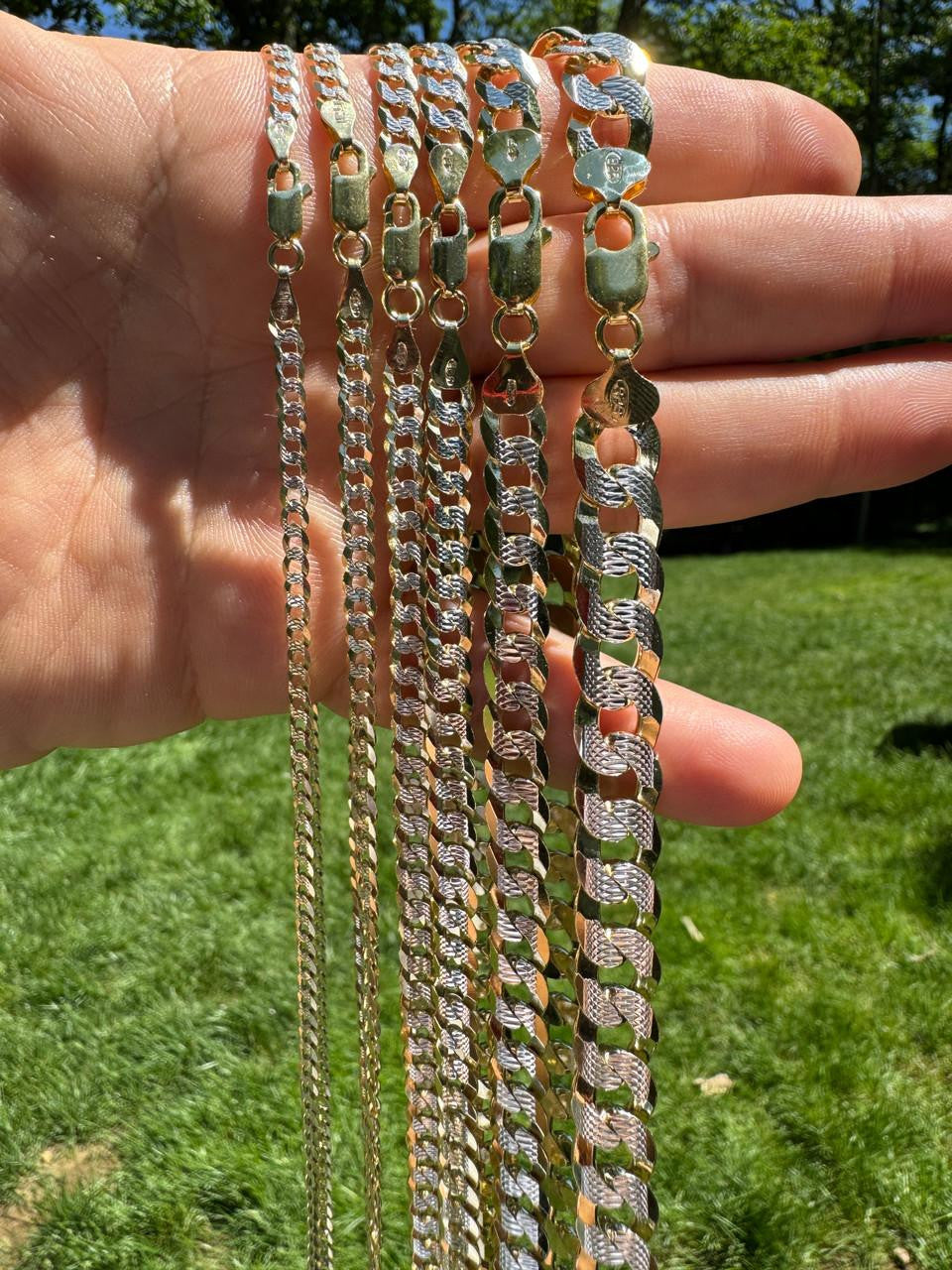 Flat Curb Cuban Chain Necklace - Two Tone Diamond Cut 14k Gold Vermeil 925 Sterling Silver - 16"-30" - 3mm-10.5mm