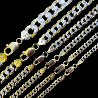 Flat Curb Cuban Chain Necklace - Two Tone Diamond Cut 14k Gold Vermeil 925 Sterling Silver - 16"-30" - 3mm-10.5mm