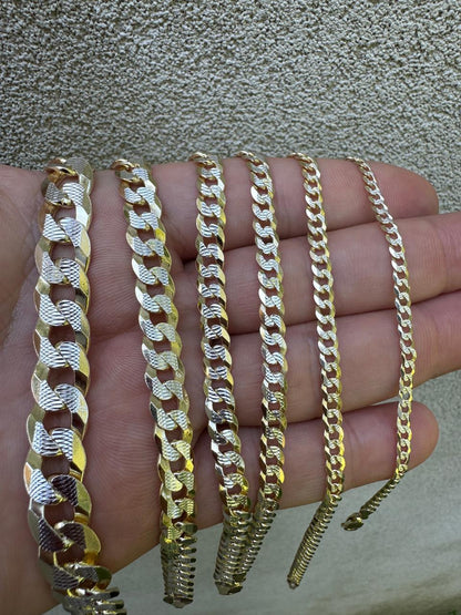 Flat Curb Cuban Chain Necklace - Two Tone Diamond Cut 14k Gold Vermeil 925 Sterling Silver - 16"-30" - 3mm-10.5mm