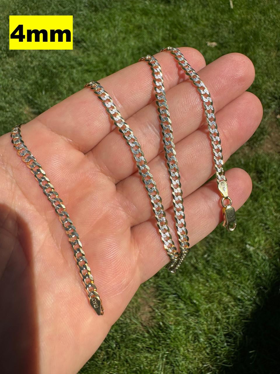 Flat Curb Cuban Chain Necklace - Two Tone Diamond Cut 14k Gold Vermeil 925 Sterling Silver - 16"-30" - 3mm-10.5mm