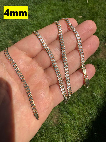 Flat Curb Cuban Chain Necklace - Two Tone Diamond Cut 14k Gold Vermeil 925 Sterling Silver - 16"-30" - 3mm-10.5mm