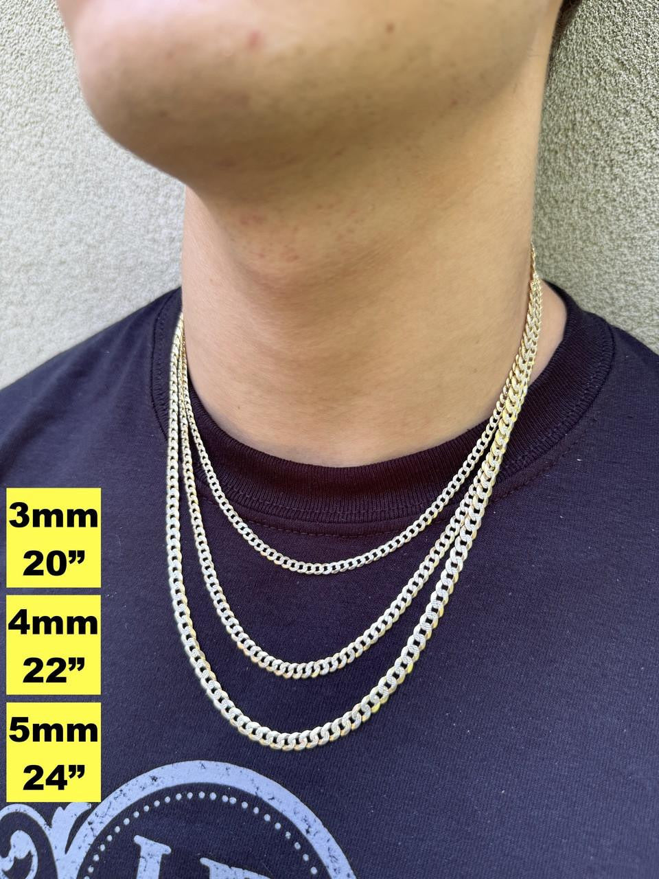 Flat Curb Cuban Chain Necklace - Two Tone Diamond Cut 14k Gold Vermeil 925 Sterling Silver - 16"-30" - 3mm-10.5mm
