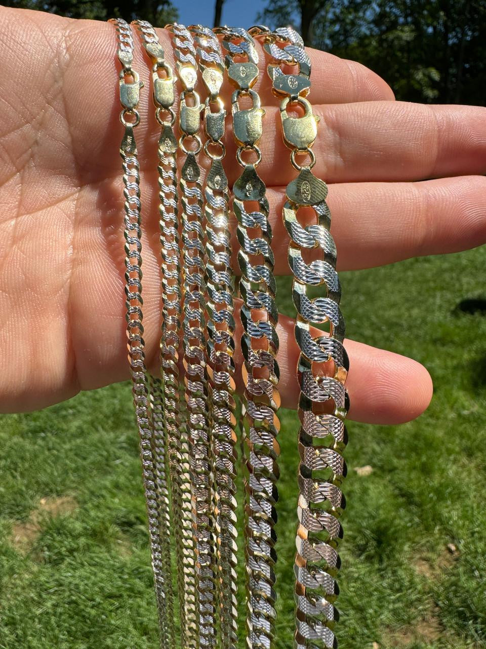 Flat Curb Cuban Chain Necklace - Two Tone Diamond Cut 14k Gold Vermeil 925 Sterling Silver - 16"-30" - 3mm-10.5mm