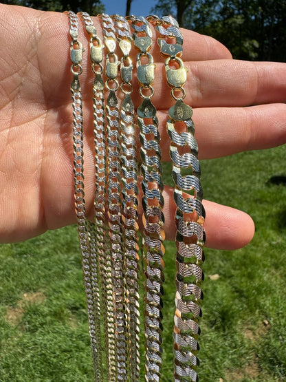 Flat Curb Cuban Chain Necklace - Two Tone Diamond Cut 14k Gold Vermeil 925 Sterling Silver - 16"-30" - 3mm-10.5mm