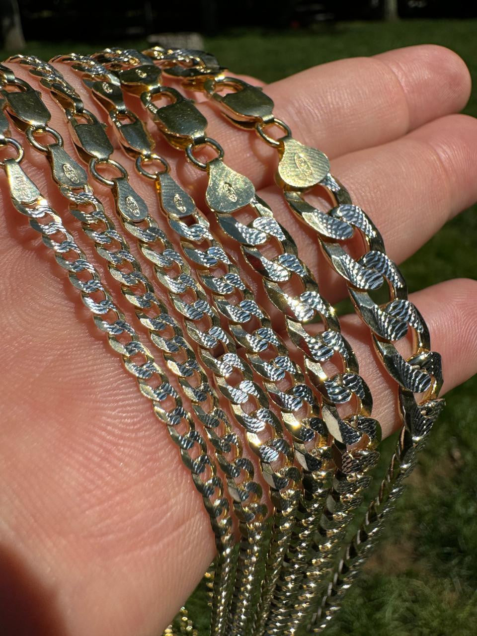 Flat Curb Cuban Chain Necklace - Two Tone Diamond Cut 14k Gold Vermeil 925 Sterling Silver - 16"-30" - 3mm-10.5mm