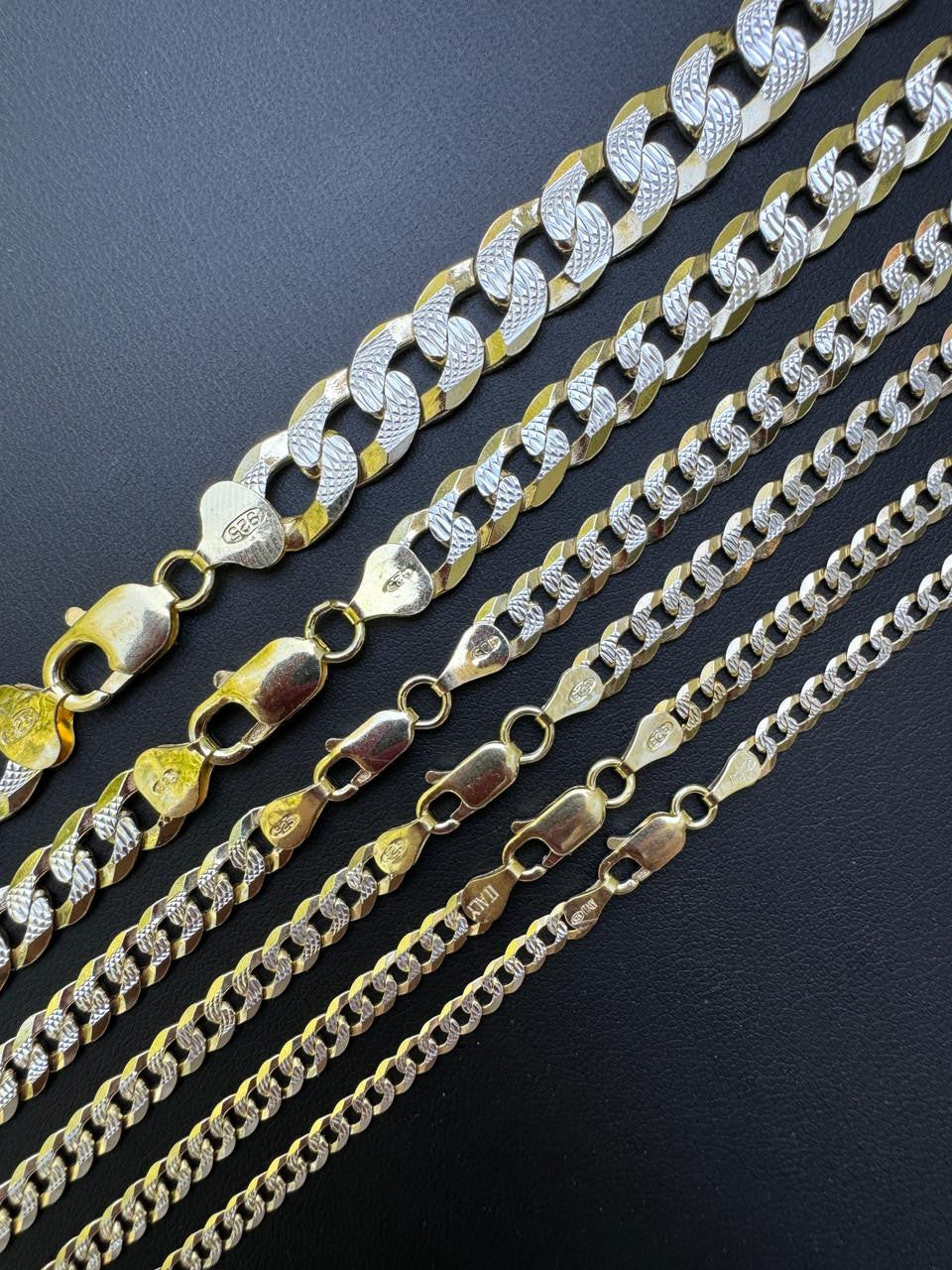 Flat Curb Cuban Chain Necklace - Two Tone Diamond Cut 14k Gold Vermeil 925 Sterling Silver - 16"-30" - 3mm-10.5mm
