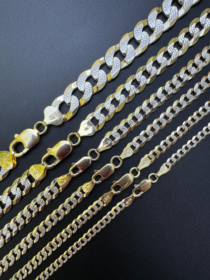 Flat Curb Cuban Chain Necklace - Two Tone Diamond Cut 14k Gold Vermeil 925 Sterling Silver - 16"-30" - 3mm-10.5mm