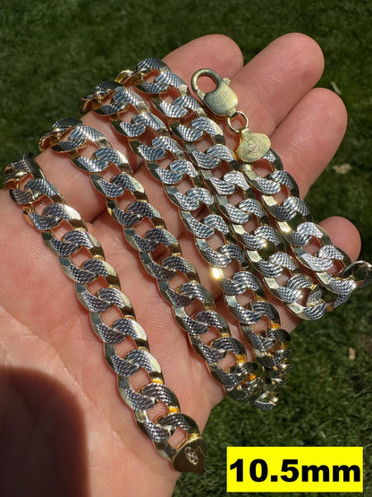 Flat Curb Cuban Chain Necklace - Two Tone Diamond Cut 14k Gold Vermeil 925 Sterling Silver - 16"-30" - 3mm-10.5mm