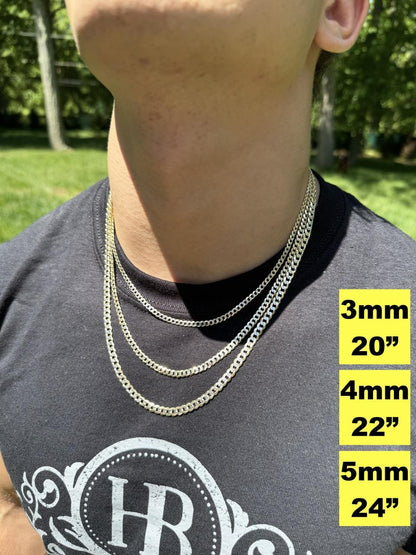 Flat Curb Cuban Chain Necklace - Two Tone Diamond Cut 14k Gold Vermeil 925 Sterling Silver - 16"-30" - 3mm-10.5mm
