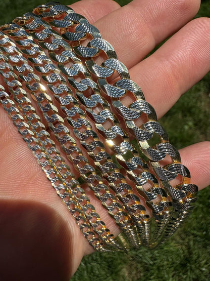 Flat Curb Cuban Chain Necklace - Two Tone Diamond Cut 14k Gold Vermeil 925 Sterling Silver - 16"-30" - 3mm-10.5mm