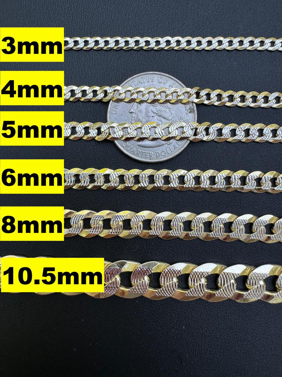 Flat Curb Cuban Chain Necklace - Two Tone Diamond Cut 14k Gold Vermeil 925 Sterling Silver - 16"-30" - 3mm-10.5mm
