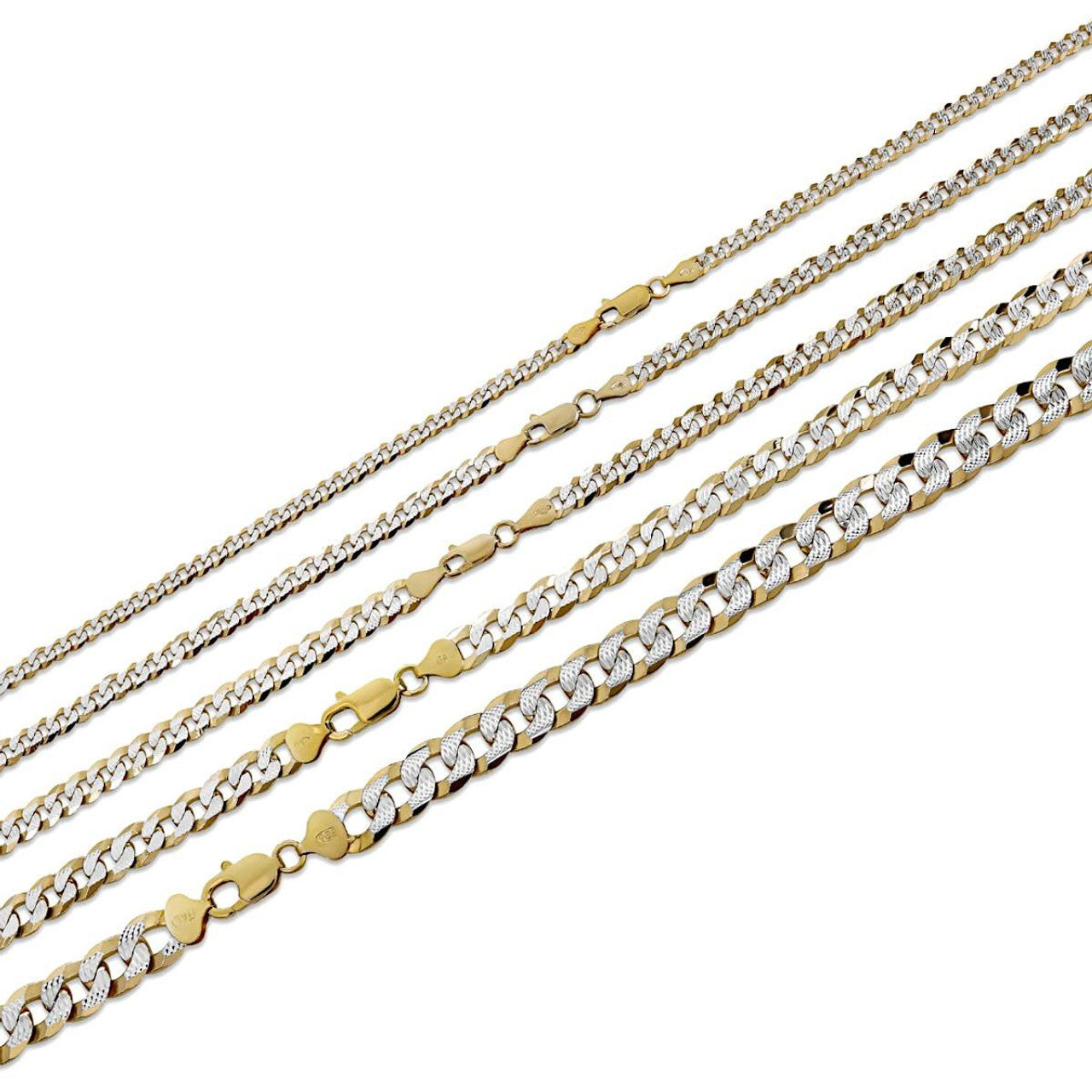 Flat Curb Cuban Chain Necklace - Two Tone Diamond Cut 14k Gold Vermeil 925 Sterling Silver - 16"-30" - 3mm-10.5mm