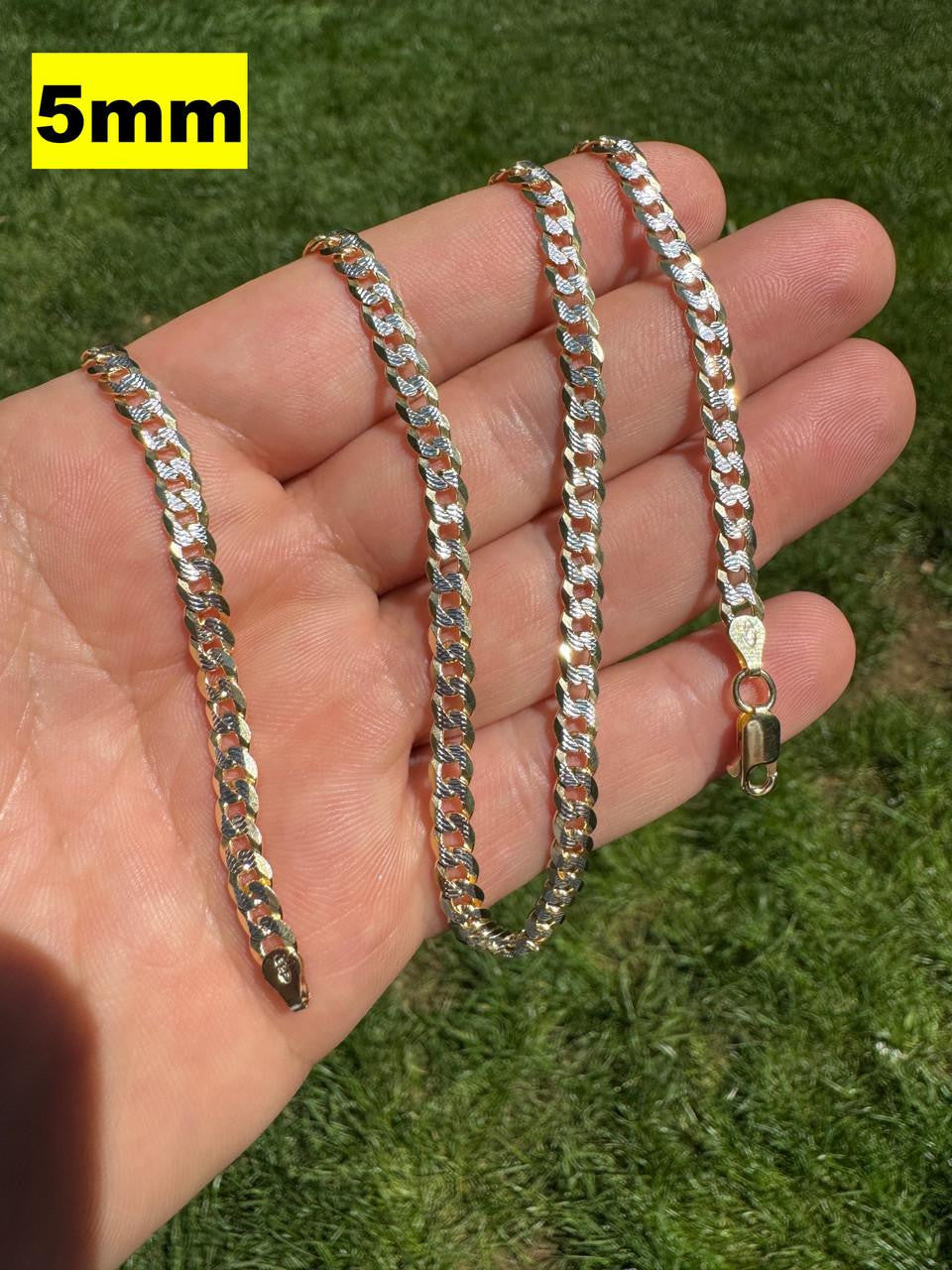 Flat Curb Cuban Chain Necklace - Two Tone Diamond Cut 14k Gold Vermeil 925 Sterling Silver - 16"-30" - 3mm-10.5mm