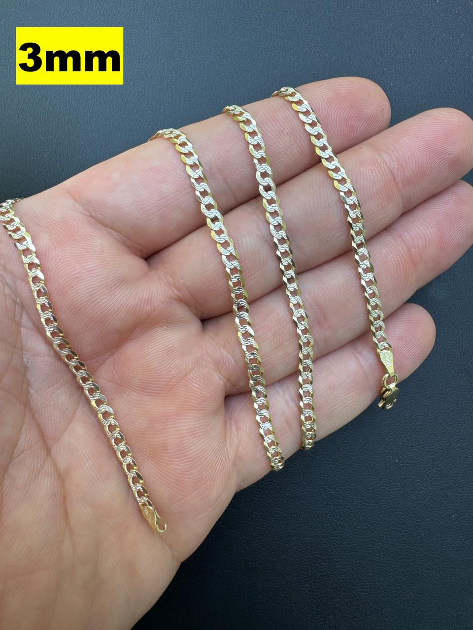 Flat Curb Cuban Chain Necklace - Two Tone Diamond Cut 14k Gold Vermeil 925 Sterling Silver - 16"-30" - 3mm-10.5mm