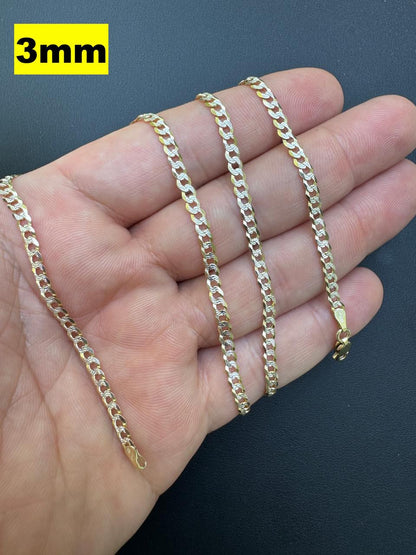 Flat Curb Cuban Chain Necklace - Two Tone Diamond Cut 14k Gold Vermeil 925 Sterling Silver - 16"-30" - 3mm-10.5mm