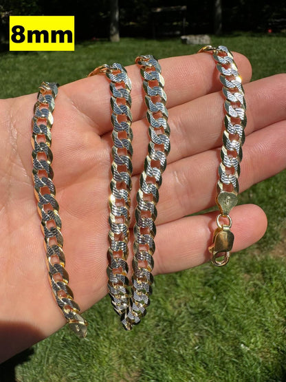 Flat Curb Cuban Chain Necklace - Two Tone Diamond Cut 14k Gold Vermeil 925 Sterling Silver - 16"-30" - 3mm-10.5mm